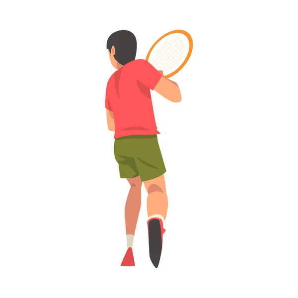 Joueur de tennis avec raquette, Athlète masculin en uniforme participant à la compétition, Vue de derrière Illustration vectorielle — Image vectorielle