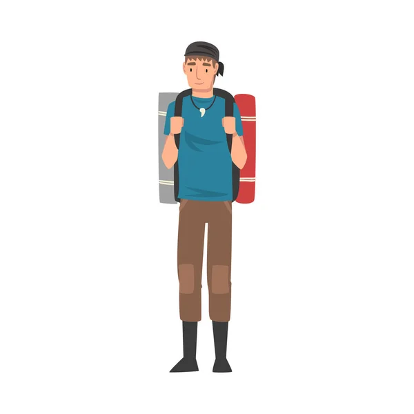 Muž Turistický Stojící s batohem a podložky, Letní cestování, Kempování, Backpacking výlet nebo expedice Vektorové ilustrace — Stockový vektor