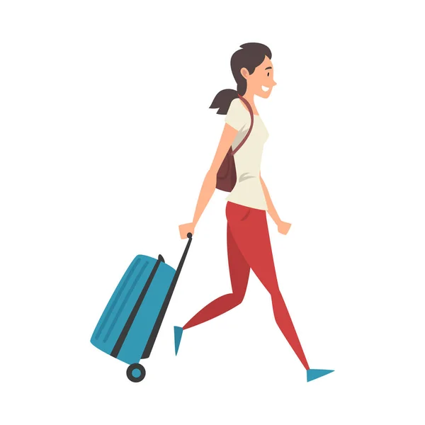 Mujer joven caminando con maleta sobre ruedas, niña viajando en vacaciones Vector Ilustración — Vector de stock