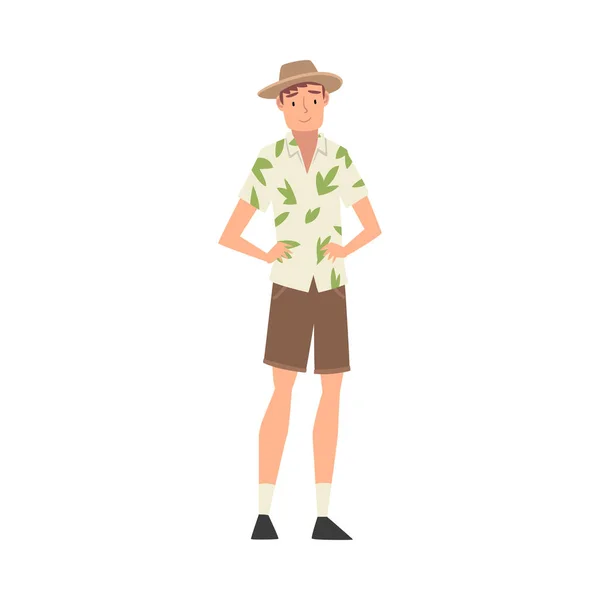 ハワイのシャツ、ショートパンツ、パナマを身に着けている男性観光客、休暇ベクトルイラストを旅する男 — ストックベクタ