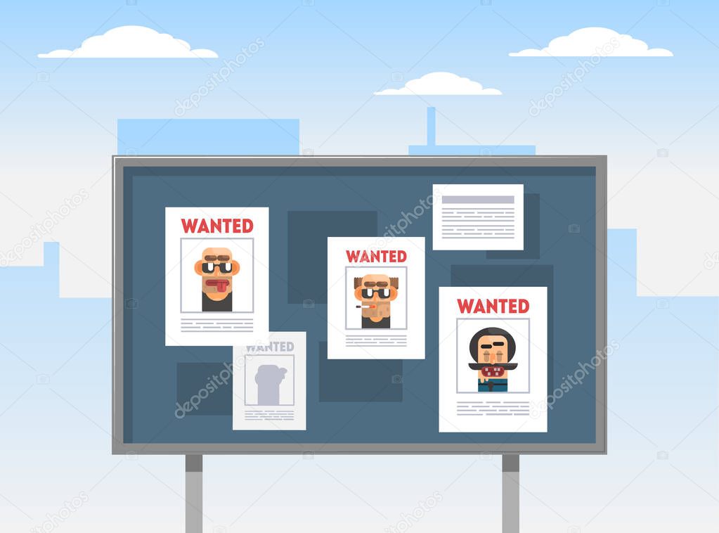 Wanted Criminals Banner Template, Placards with Arrested Men Photos on a Billboard Vector Illustration