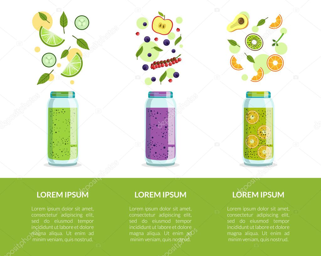 Detox Drinks Banner Template with Fresh Smoothies and Space for Text Vector Illustration