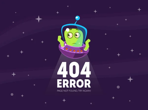 Ошибка 404, страница Not Found, Try Again Banner Template with Cute Funny Alien in the Escape Vector — стоковый вектор
