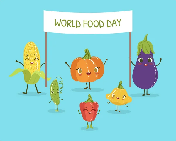 World Food Day Banner mall med söta grönsaker Tecknad karaktär vektor Illustration — Stock vektor