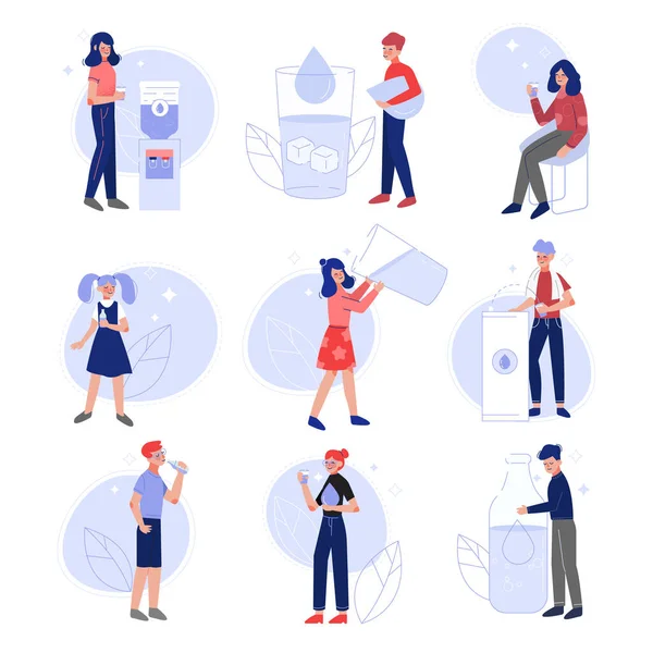 Hombres, mujeres y niños bebiendo agua limpia fresca para mantener el cuerpo sano Set Vector Illustration — Vector de stock