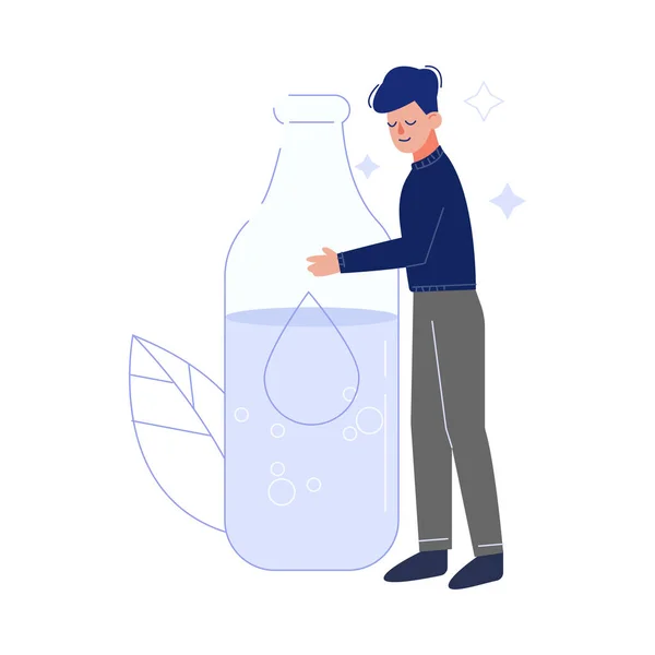Joven bebiendo agua limpia fresca de una botella de vidrio grande para mantener el cuerpo sano Vector ilustración — Vector de stock