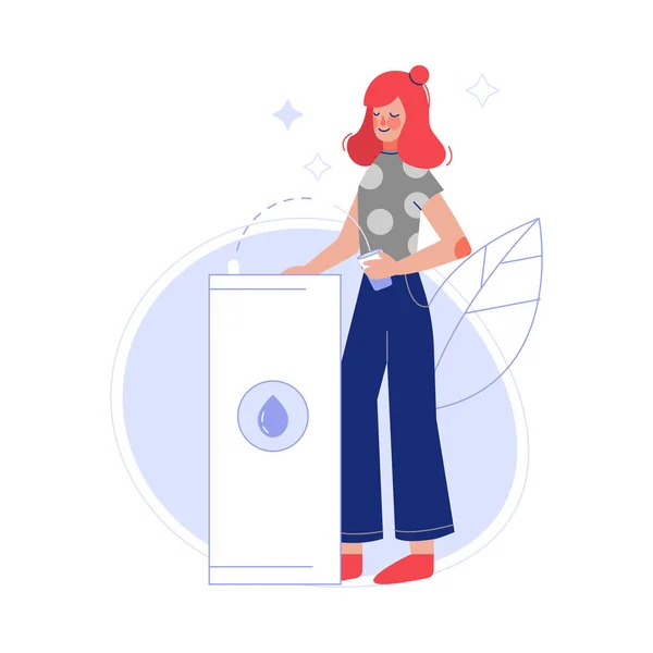 Mladá žena pije čerstvá čistá voda v chladničce v Office Vector Illustration — Stockový vektor
