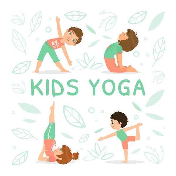 Plantilla de banner de yoga para niños con niños demostrando varias posiciones de yoga Ilustración vectorial — Vector de stock