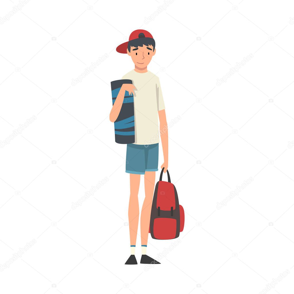 Teenage Boy Standing with Backpack, Boy Travelling on Summer Vacation Vector Illustration