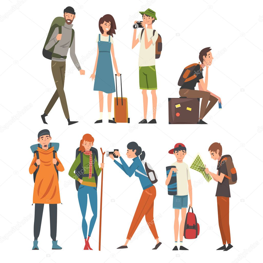 Tourists Travelling Set, People Having Summer Travel, Backpacking Trip or Expedition Vector Illustration