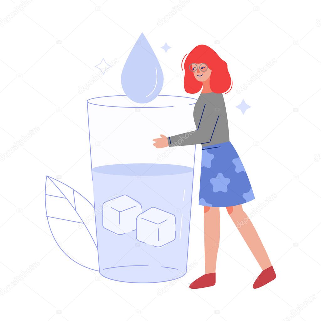 Young Woman Drinking Fresh Clean Water from Big Glass to Keep Body Healthy Vector Illustration