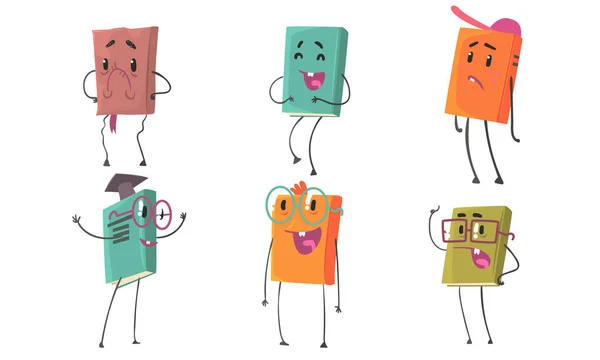 Libros animados en coloridas cubiertas con diferentes emociones Vector Illustration Set Personaje de dibujos animados — Archivo Imágenes Vectoriales