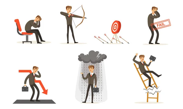 Pengusaha yang gagal Dalam Suit And Failures In Work Vector Illustration Set Isolated On White Background - Stok Vektor