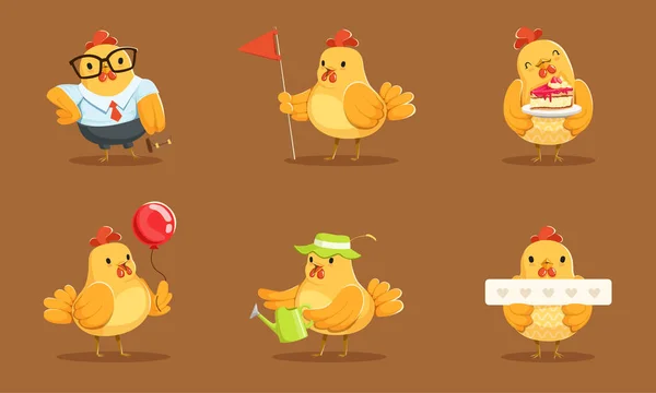 Animált bébi csirke különböző pózok vektor illusztráció készlet rajzfilm karakter — Stock Vector