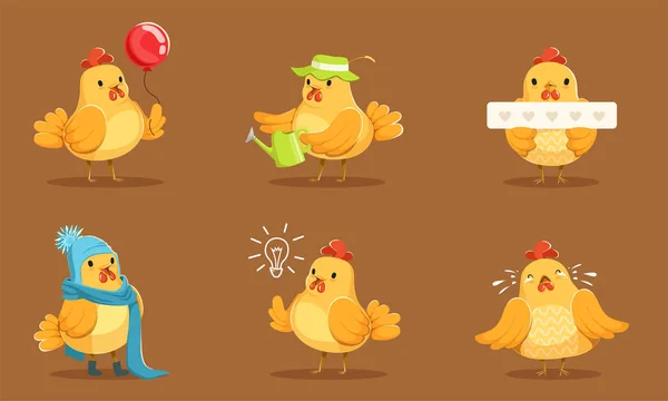 Animált sárga csirkék különböző pózok vektor illusztráció készlet rajzfilm karakter — Stock Vector