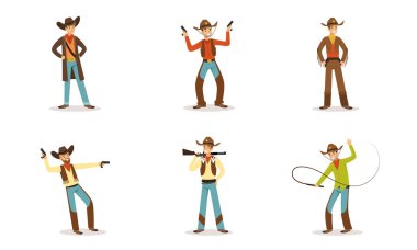 Beyaz arka planda izole edilmiş geleneksel pozisyonlarda ve eylem vektörü illüstrasyonlarında Kovboy Batı Karakteri
