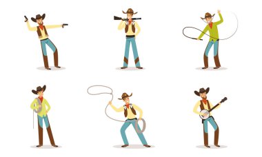 Vahşi Batı Özniteliklerine sahip komik kovboy çizgi film karakteri Beyaz Arkaplanda İzole Edilmiş Vektör İllüzyonu