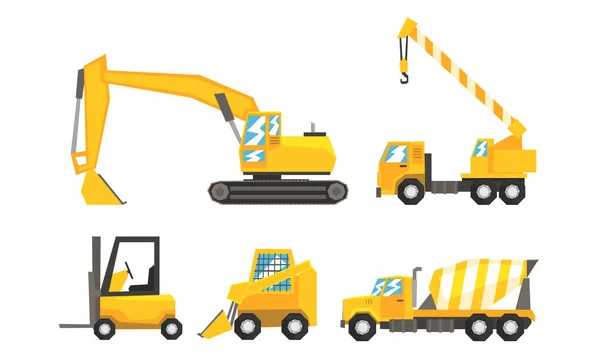 Tipos industriais de transporte usando na estrada ou obras construtivas conjunto de ilustração vetorial plana — Vetor de Stock