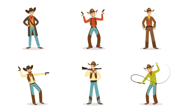 Cowboy nyugati karakter a hagyományos ruhák különböző pózok és akciók Vektor illusztráció készlet elszigetelt fehér háttér — Stock Vector