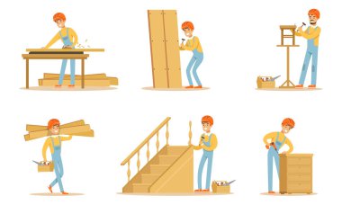 Beyaz arkaplanda izole edilmiş marangoz çizim ve onarım araçları ile Cartoon Carpenter Karakteri