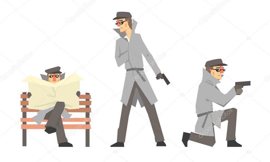 Cartoon Private Detective Character Doing Daily Work Vector Illustration Set Isolated On White Background
