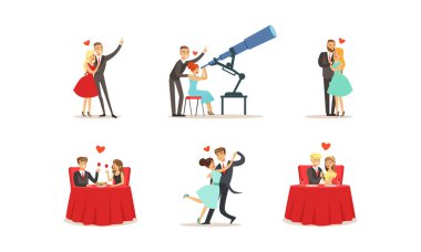 Tarih Vektörü Resimleri Belirlenen Çiftler. Genç adam ve kadın kucaklaşıyor.