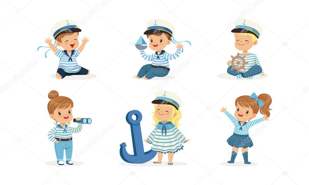 Cute Little Kid Characters Wearing Mariner Uniform Vector Illustrations Set