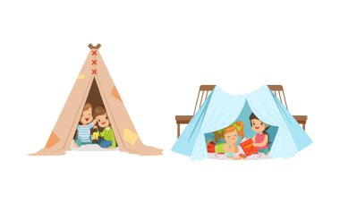 Ev-vektör setinde el yapımı çadırda oturan ve oynayan küçük çocuklar