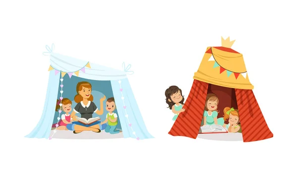 Little Children Sitting and Playing in Handmade Tent At Home Vector Set — 图库矢量图片