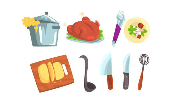 Cooking Process Vector Illustrated Set. Kitchenware and Served Dishes Collection