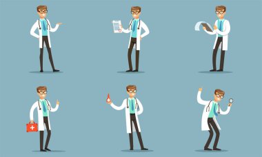 Yakışıklı Doktor, günlük pratik ve kağıt işi vektör çizimi yapıyor. Mavi arka planda izole edilmiş.