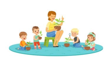 Botanik dersi alan çocuklar. Bitki Vektörü İllüstrasyonunu Gösteren Öğretmen