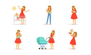 Genç Anne ve Yeni Doğan Bebek Vektörü Resimleri