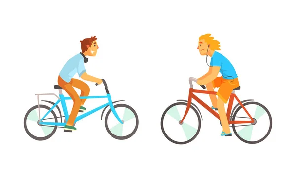 Bike Riders Montar en bicicleta y escuchar música a través de auriculares Vector Set — Vector de stock