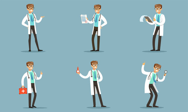 Красивый доктор делает ежедневную практическую и бумажную работу векторной иллюстрации набор изолированных на синем фоне
