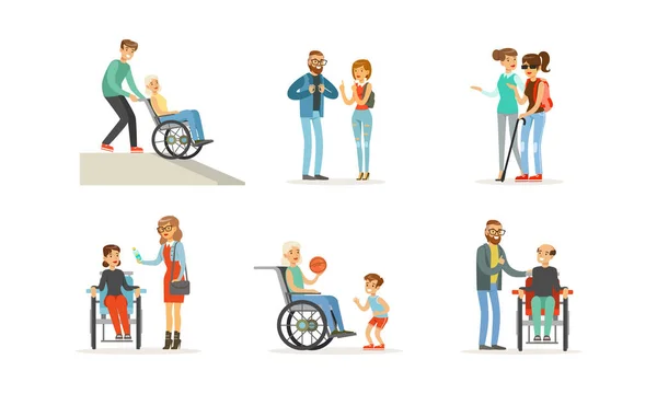 Behinderte und alte Menschen und Freunde, die ihnen helfen, Vektor-Illustrationen — Stockvektor