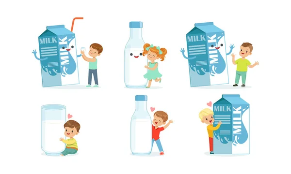 Bambini piccoli che si divertono con il grande cartone del set vettoriale del latte — Vettoriale Stock
