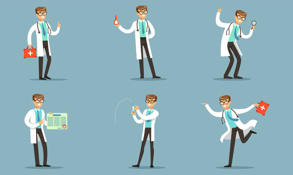 Красивый врач в медицинской форме, ежедневная работа с инструментами Векторная иллюстрация Набор изолированы на синем фоне
