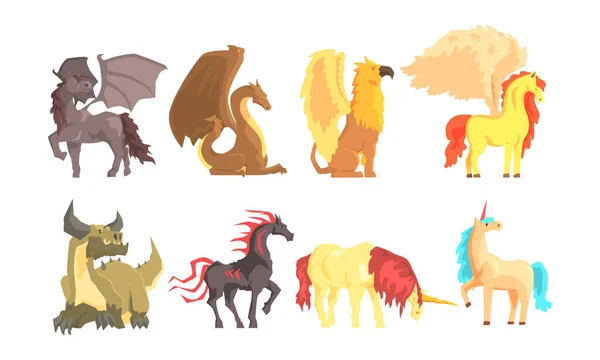 Fantastic Mythological Creatures and Beasts Vector Set — Stock Vector