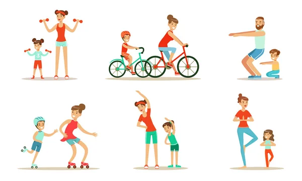 Les parents avec des enfants faisant des exercices de sport ensemble Illustration vectorielle mis isolé sur fond blanc — Image vectorielle