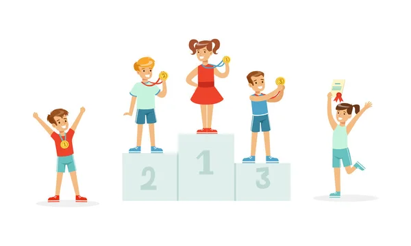 Children Standing on Award Places and Kids Jumping With Joy Vector Illustration — 图库矢量图片