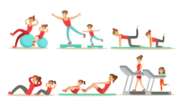 Ouders met kinderen doen fitness oefeningen samen vector illustratie set geïsoleerd op witte achtergrond — Stockvector