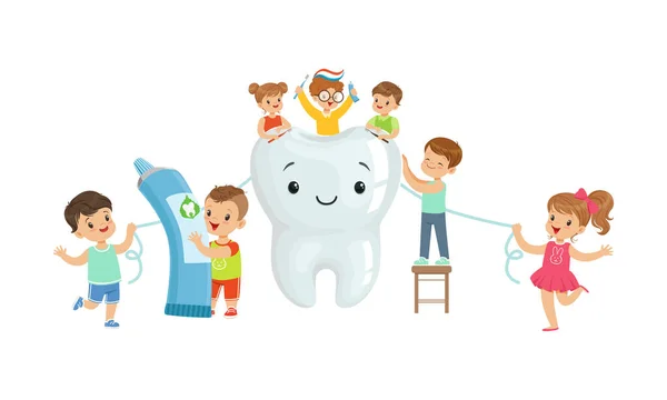 I bambini piccoli che si prendono cura della purezza dei denti spazzolandolo con spazzolino da denti Vector Illustrazione — Vettoriale Stock