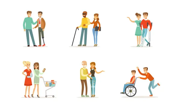 Disabled and Old People and Friends Helping Them Vector Illustrations — 图库矢量图片