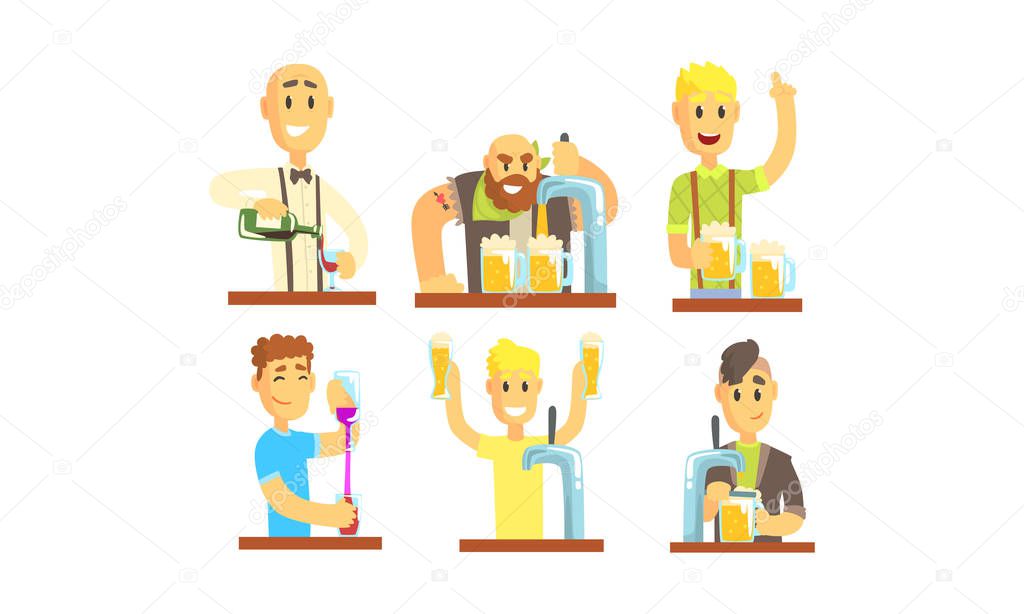 Barman Mixing and Pouring Alcoholic Beverages Vector Illustrations