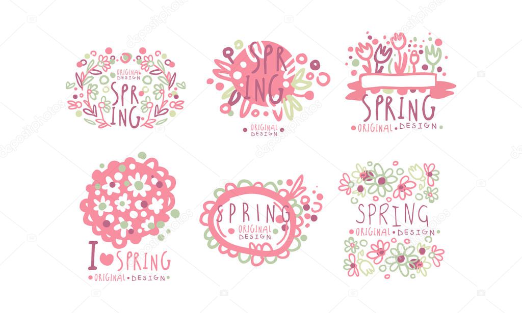 Tender Spring Labels and Logos with Original Design Concept Vector Set. Botanical Templates for Packaging Decoration