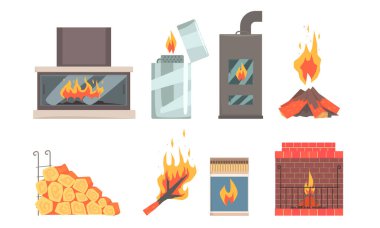 Different Kinds Of Fireplaces Flat Vector Illustration Set clipart