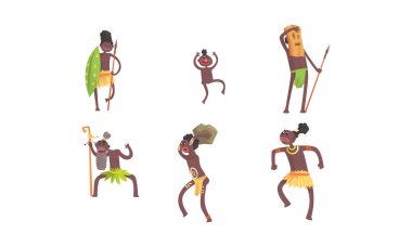 Afrika Kabilesi Karakterleri Vektör Kümesi. Maskeli Adam ve Dans Eden Voodoo Dansı