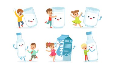 Küçük Çocuklar Büyük Karton Süt Vektörü Seti ile Eğleniyor