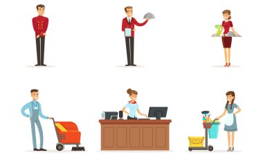 Hotel Staff Vector Set. Man Working as Waiter and Administrator clipart